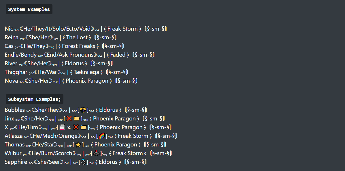 An Image that shows examples of what Spectator Mode's Members Displaynames in Pluralkit and Tupperbox look like